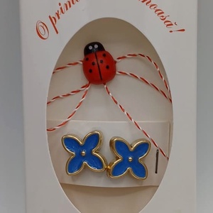 Butoni de camasa,1 pereche,tip martisor � floare albastra cu buburuza,se poarta tot anul la orice tip de haina. , Bijuterii, Martisor, Altele, Aranjament de flori, ARTYNOS