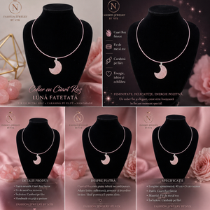 Colier cu Luna din Quartz Roz pe fir de metal roz si carabina filetata. - Artynos.ro