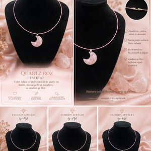 Colier cu Luna din Quartz Roz pe fir de metal roz si carabina filetata. - bijuterii - coliere - coliere cu pandative - Artynos.ro