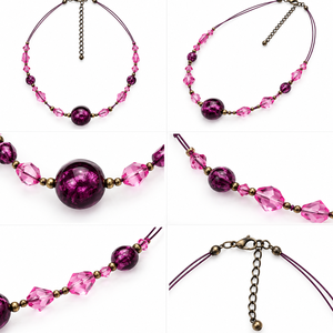 Colier cu fir negru de metal si perle fucsia - bijuterii - coliere - coliere cu multiple șiruri - Artynos.ro
