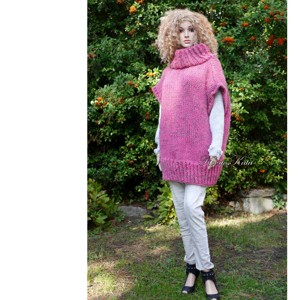 NIKI ALPAKA - vestă cu pulover maxi extra-subțire tricotată manual / roz - îmbrăcăminte și modă - haine damă - hanorace, cardigane - Artynos.ro