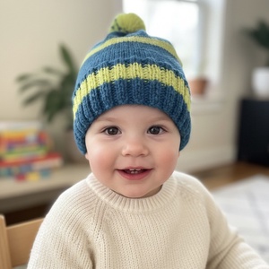 Caciula vesela pentru copii, tricotata manual – Albastru si Galben Neon (44-46 cm), Jucarii si echipamente pentru copii, Saci si seturi pentru copii, Perna pentru copii, perna micuta, , Culorile vibrante de albastru si galben neon nu ofera doar un aspect vesel, ci ajuta si la vizibili..., ARTYNOS