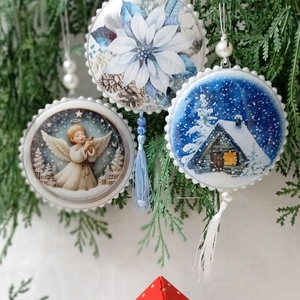 Globuri plate din plastic , Craciun, Decoratiuni de Craciun de casa, Globuri de Craciun, Decoupage, transfer si tehnici servetel, ARTYNOS