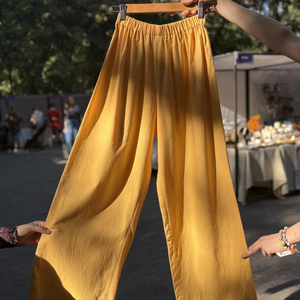 Pantaloni lungi galbeni din in cu elastic - Pantaloni dama, Imbracaminte si moda, Haine dama, Pantaloni dama, Cusatura, ARTYNOS