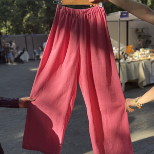 Pantaloni lungi roz din in cu elastic - Pantaloni dama, Imbracaminte si moda, Haine dama, Pantaloni dama, Cusatura, ARTYNOS