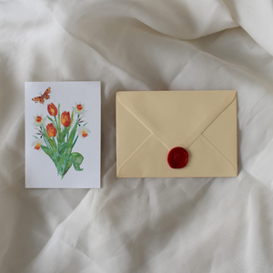 Felicitare cu lalele, fluturi si narcise - elemente pictate manual, Casa & Stil de viata, Papetarie de hartie, Invitatii, felicitari, Pictura, ARTYNOS