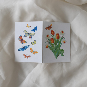 Felicitare cu lalele, fluturi și narcise - elemente pictate manual - casă & stil de viață - papetărie de hârtie - invitații, felicitări - Artynos.ro