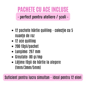 Pachet scoli cu ac inclus - hartie quilling colectie 5 nuante de roz -  latime 1 mm/3 mm/5 mm - pentru 12 elevi - accessorii și unelte - hârtie - alte hârtii - Artynos.ro