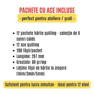 Pachet scoli cu ac inclus - hartie quilling colectie de 8 culori calde -  latime 1 mm/3 mm/5 mm - pentru 12 elevi - accessorii și unelte - hârtie - alte hârtii - Artynos.ro