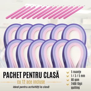 Pachet scoli cu ac inclus - hartie quilling colectie 5 nuante de mov -  latime 1 mm/3 mm/5 mm - pentru 12 elevi, Accessorii si unelte, Hartie, Alte hartii, Arta de hartie, ARTYNOS
