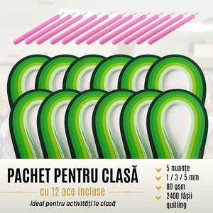 Pachet scoli cu ac inclus - hartie quilling colectie 5 nuante de verde -  latime 1 mm/3 mm/5 mm - pentru 12 elevi, Accessorii si unelte, Hartie, Alte hartii, Arta de hartie, ARTYNOS