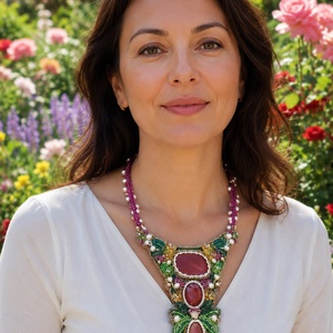 Colier statement handmade cu agate naturale și broderie din mărgele - bijuterii - coliere - coliere din pietre semiprețioase - Artynos.ro