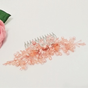 Pieptan elegant cu cristale roz-piersica - accesorii nuntă - ornamente de păr de nuntă - ornamente de păr mireasă - Artynos.ro