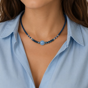 Colier handmade cu acvamarin bleu și cristale fațetate în nuanțe de albastru - bijuterii - coliere - coliere din pietre semiprețioase - Artynos.ro