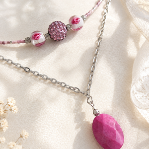 Colier inox si jad Pink Elegance - bijuterii - coliere - coliere din mărgele - Artynos.ro