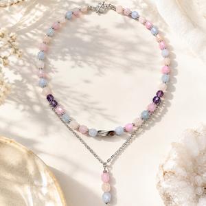 Colier cu cuart mix, Bijuterii, Coliere, Coliere din pietre semipretioase, Confectionarea bijuteriilor, Un colier delicat, realizat manual din cuart mix fatetat, in nuante pastelate de roz, bleu si alb, ..., ARTYNOS