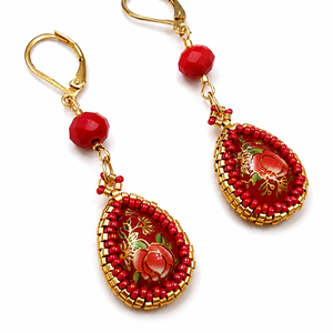 Set handmade colier și cercei cu cabochoane Tensha si coral rosu - bijuterii - seturi de bijuterii - Artynos.ro