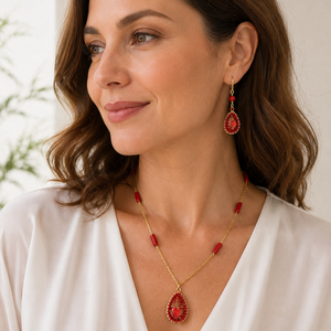 Set handmade colier și cercei cu cabochoane Tensha si coral rosu - bijuterii - seturi de bijuterii - Artynos.ro
