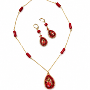 Set handmade colier și cercei cu cabochoane Tensha si coral rosu - bijuterii - seturi de bijuterii - Artynos.ro