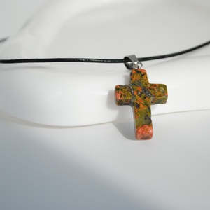 Colier cu Cruce din Unakit � Piele Naturală 44 cm � Talisman Protector Unisex - bijuterii - coliere - pandative - Artynos.ro