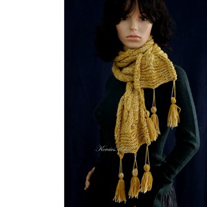 CSINGILINGI - esarfa tricotata manual din matase de alpaca cu ciucuri / mustar, Imbracaminte si moda, Esarfe, palarii, fularuri, Esarfe, Impletitura, ARTYNOS
