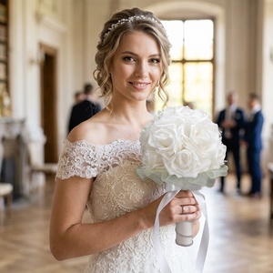 Buchet de Mireasa  – Stralucire, Puritate si Eleganca Delicata, Accesorii nunta, Accesorii de nunta, Voal mirese, , Acest buchet imbina albul imaculat al trandafirilor cu insertii stralucitoare, oferind o nota de ra..., ARTYNOS
