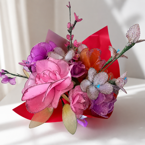 Buchet floral decorativ din dres/organza în nuanțe de roz, violet și fucsia cu sclipici fin - casă & stil de viață - decorațiuni de casă - accesorii florale - buchete de flori - Artynos.ro