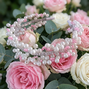 Diademă Elegantă de Mireasă cu Perle Albe, Mărgele Roz și Pietre Strălucitoare � Accesoriu Handmade pentru Păr - accesorii nuntă - accesorii de nuntă - voal mirese - Artynos.ro