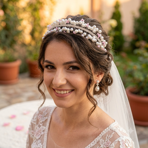 Diademă Elegantă de Mireasă cu Perle Albe, Mărgele Roz și Pietre Strălucitoare � Accesoriu Handmade pentru Păr - accesorii nuntă - accesorii de nuntă - voal mirese - Artynos.ro