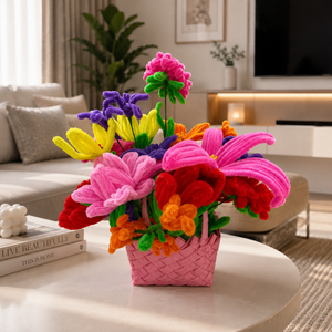 Aranjament Floral Handmade din Sârmă Plușată în Coșuleț Roz   - casă & stil de viață - decorațiuni de casă - accesorii florale - coronițe decor - Artynos.ro