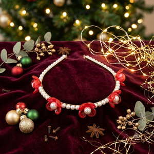 Coroniță Elegantă cu Perle și Flori Roșii - accesorii nuntă - bijuterii mireasă - set bijuterii de mireasă - Artynos.ro