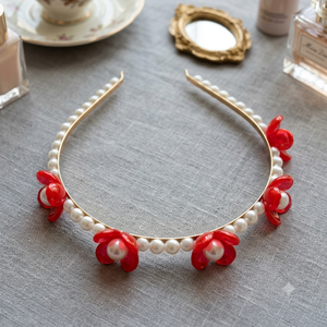 Coroniță Elegantă cu Perle și Flori Roșii - accesorii nuntă - bijuterii mireasă - set bijuterii de mireasă - Artynos.ro