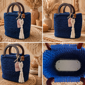 Geantă handmade croșetată albastru regal cu mânere din lemnși ciucure decorativ - genți și portofele - genți de mână și umăr - genți de mână - Artynos.ro