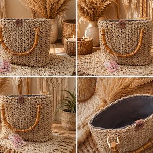 Geantă artizanală bej handmade cu mânere din bambus � Stil Boho Natural - genți și portofele - genți de mână și umăr - geantă casual - Artynos.ro