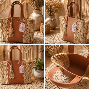 Geanta handmade bej cu insertie din piele ecologica maro � Stil Boho Elegant - Artynos.ro