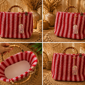 Geanta handmade crosetata in dungi rosu si roz cu manere din bambus � Stil Boho Chic - Artynos.ro