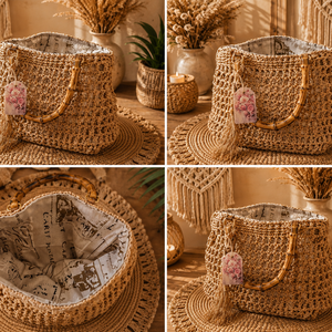 Geantă artizanală din Raffia cu manere din bambus - genți și portofele - genți de mână și umăr - geantă casual - Artynos.ro