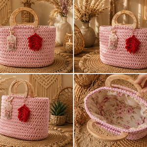 Geanta artizanala roz pudrat din macrame cu manere din lemn, Genti si portofele, Genti de mana si umar, Geanta casual, Crosetat, Cusatura, ARTYNOS
