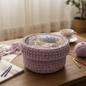 Cos Organizator Crosetat Manual - Lavender Serenity - 100% Bumbac si Lemn, Casa & Stil de viata, Decoratiuni de casa, Decoratiuni de masa si rafturi, Decoratiuni de masa, Crosetat, ARTYNOS