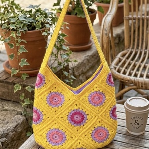 Geanta Granny Square Vibe de Vara – Galben si Mov, Genti si portofele, Geanta pentru cumparaturi, Totebaguri, Crosetat, Cusatura, Adauga o nota de prospetime si culoare tinutelor tale cu aceasta geanta unicat, lucrata manual cu d..., ARTYNOS