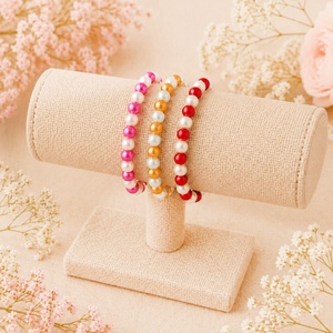 Bratari finute pe elastic, Bijuterii, Bratari, Bratari din margele, Altele, * Set de trei bratari pe elastic, delicate, in nuante vesele de roz, auriu si rosu. Margelele lucio..., ARTYNOS