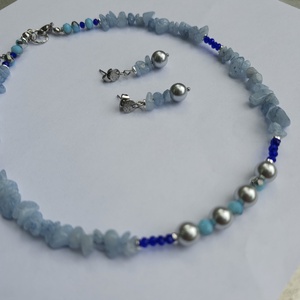 Set cercei colier perle și aquamarine - bijuterii - seturi de bijuterii - Artynos.ro