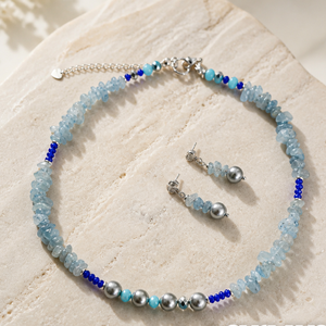 Set cercei colier perle si aquamarine - Artynos.ro