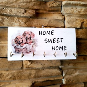 Breloc de perete din lemn cu casa dulce acasa si catei dachshund, , , ARTYNOS