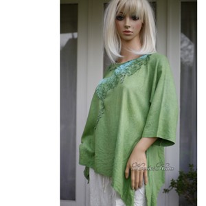 BURETT TUNIKA / verde salcie - arty dantelă aplicat manual pictate bluza de design - îmbrăcăminte și modă - haine damă - tunică - Artynos.ro