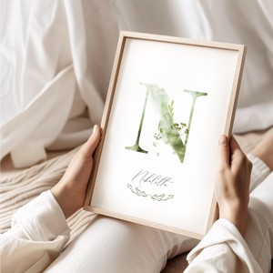 Scrisoare N, monogramă, imagine onomastică, decor, acuarelă, artă de perete, personalizată -  - Artynos.ro