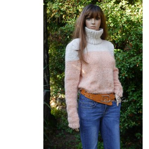 LORENA - pulover trendy tricotat manual / piersică-ivoriu - îmbrăcăminte și modă - haine damă - hanorace, cardigane - Artynos.ro