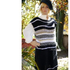 DESIREE - vestă cu pulover maxi tricotat exclusiv manual / alb și negru - îmbrăcăminte și modă - haine damă - hanorace, cardigane - Artynos.ro