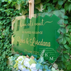 Panou intampinare nunta din plexiglas verde si auriu - accesorii nuntă - materiale decor pentru nuntă - tablouri și indicatoare nuntă - Artynos.ro