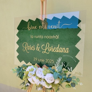 Panou intampinare nunta din plexiglas verde si auriu, Accesorii nunta, Materiale decor pentru nunta, Tablouri si indicatoare nunta, Altele, Obiecte pictate, ARTYNOS